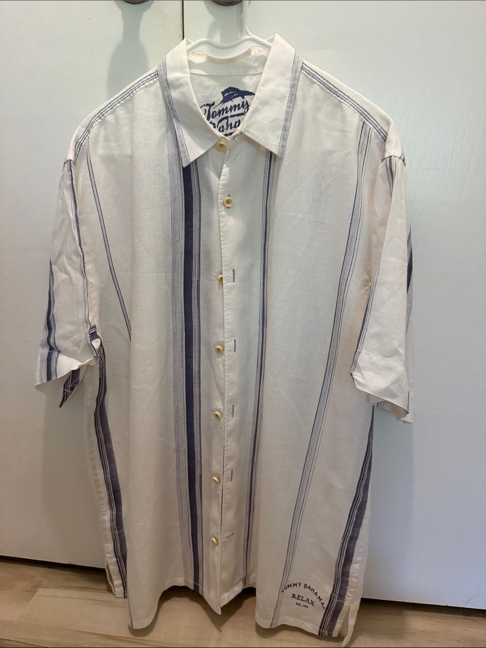 Tommy Bahama Cream and Navy Vertical Stripe Camp Shirt